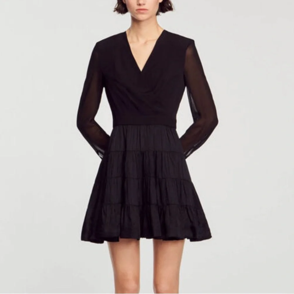 SANDRO Ginette Dress in a size 40 Medium 8 Sheer long sleeve shoulder pad